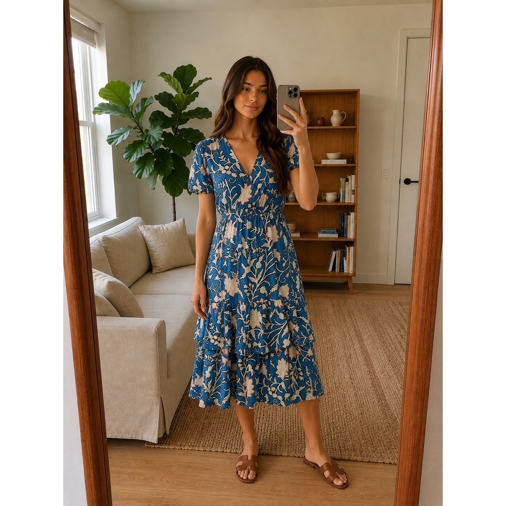 Womens Floral Wrap Midi Dress S Blue Floral Tiered Boho Cottage Resort Coastal
